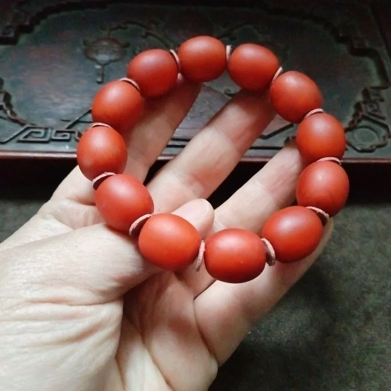 Oriental Simple Matte Red Oval Bead Bangle Natural Texture Elliptical Beads Unisex Daily Wrist Accessory