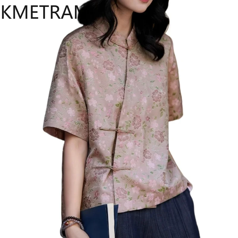 KMETRAM 100% Real Mulberry Silk Women T Shirts New Chinese Style T Shirt Pink Floral New Summer Tops 2026 Woman Clothes футболка