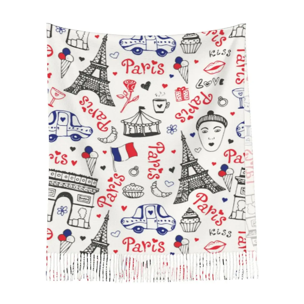 فرنسا باريس برج ايفل اللوحة الهزلية المناظر الطبيعية الخلابة منطقة وشاح شرابة الأوشحة شالات دافئة ويلتف كبير الخريف الشتاء شال التفاف