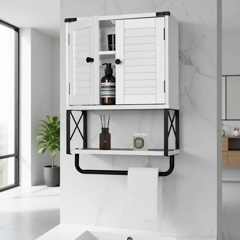 

White Wall-Mounted Medicine Cabinet with Louver Doors and Towel Bar