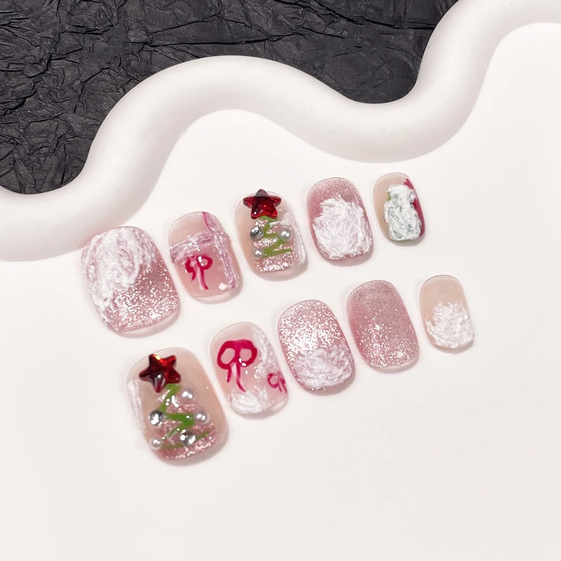 

10Pcs Pink Snowy Village&Star Design False Nails, Handmade Press-on Nail Tips for Party Wear, Christmas Gift for Women and Girls