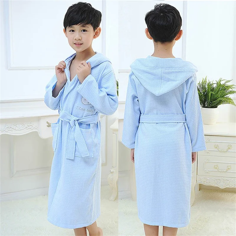 Wholesale Blue Pink White Long Sleeve Waffle Bath Robe Sleepwear Kids Children Hooded Bathrobe Summer Children Bathrobe