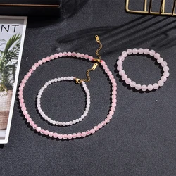 Rose Quartz Beaded Women's Choker Necklace Bracelet Anklet Set Stainless Steel Lobster Clasp Summer Beach Fashion Jewelry