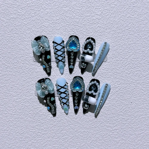 Imagen 2 del producto Prensa de aguja larga para uñas postizas, decoración de lazo de diamante de corazón azul, uñas postizas Y2K, uñas artificiales de moda, uñas acrílicas hechas a mano