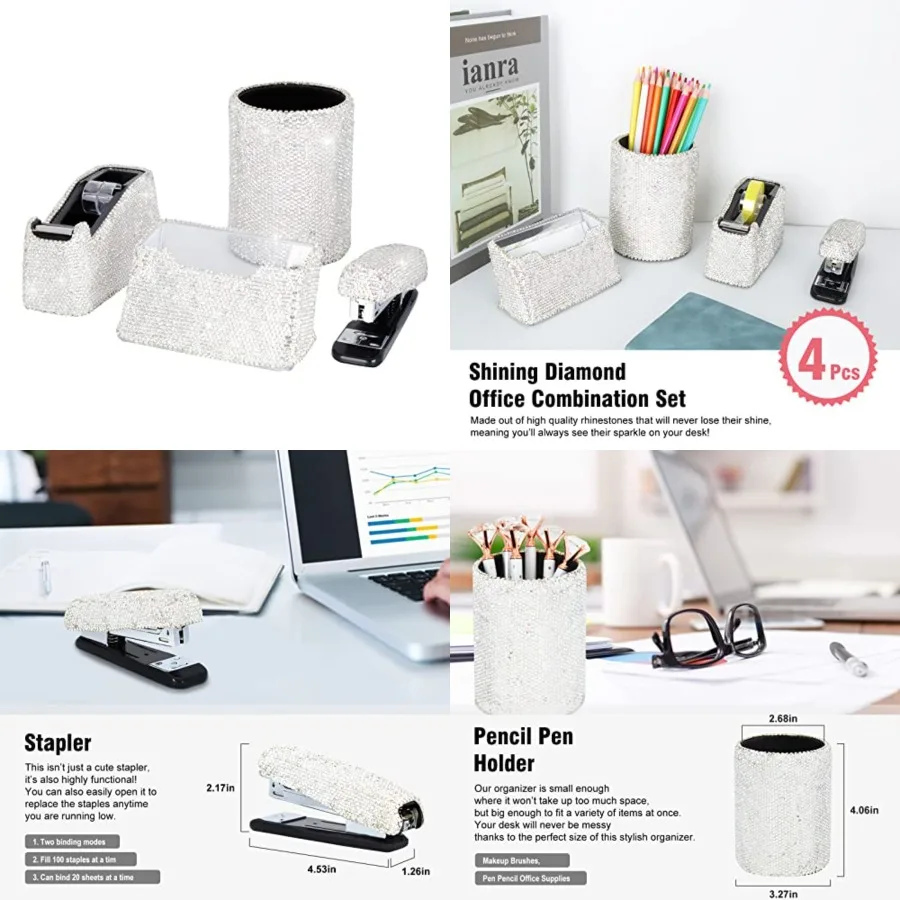 

Bling Crystal Luxury Handmade Diamond Round Pencil Pen Pot Holder and Stapler and Card Holder and Desktop Tape Dispenser Office