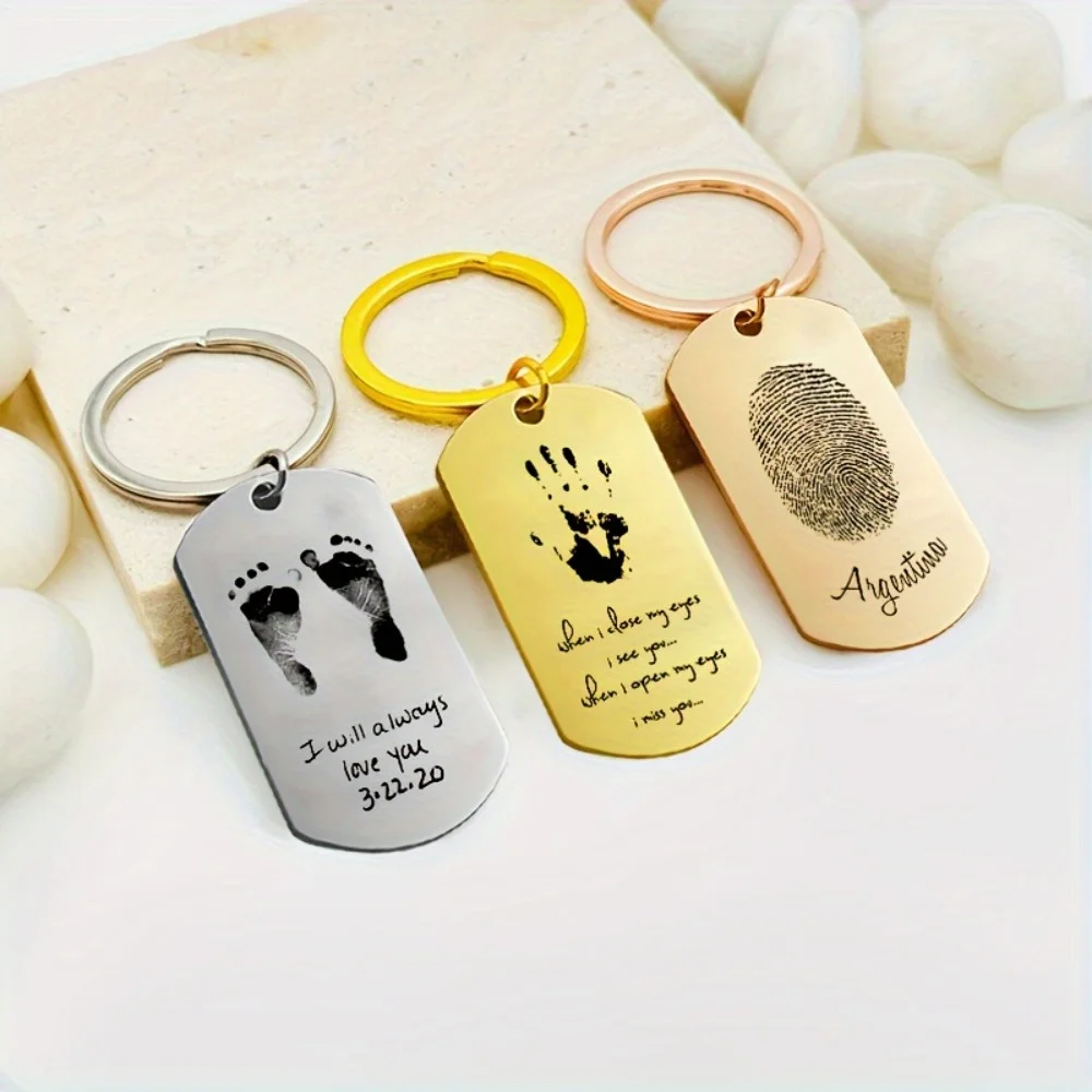 Baby Footprints Palms Fingerprints Custom Stainless Steel Keychain Personalized PictureText CustomKeychain Family Memory Jewelry