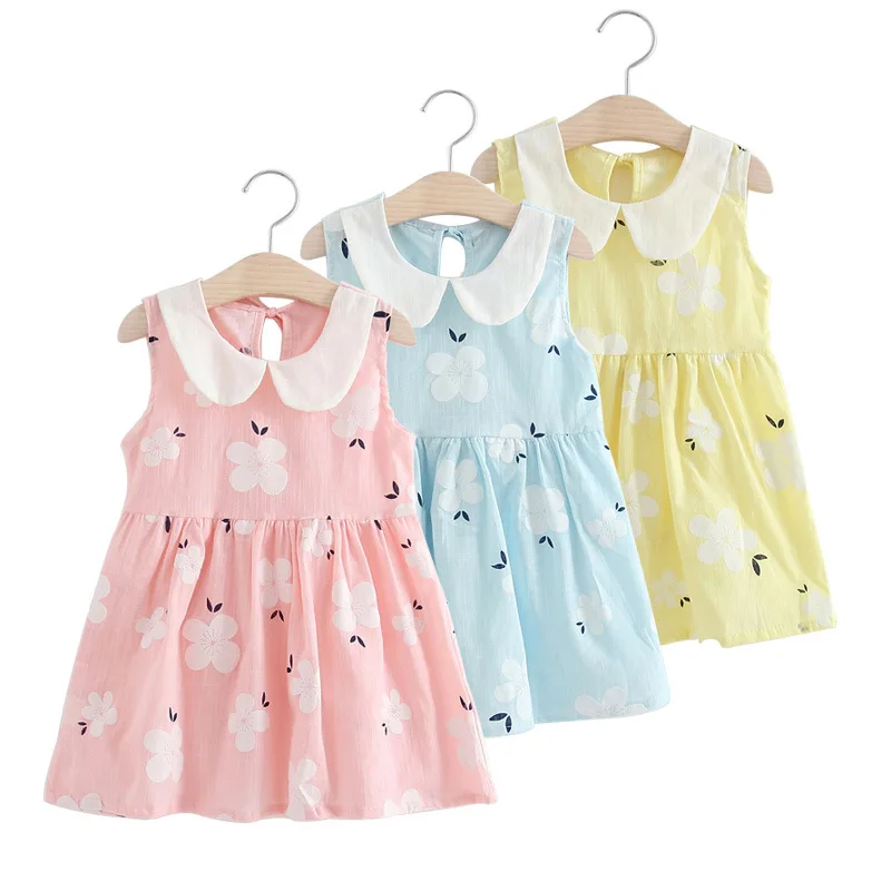 

2024 Spring Summer Autumn Children Sleeveless Print Peter Pan Collar Princess Dress For 1-6Years Girls Cotton And Linen Dress