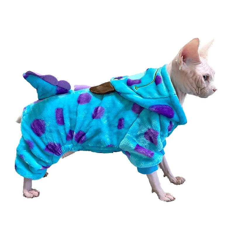 Fleece Dinosaur Hooded Coat for Sphynx Cat thick Sweatshirt for Cat Long Sleeves Warm Clothes for Kittens Outfit in Winter