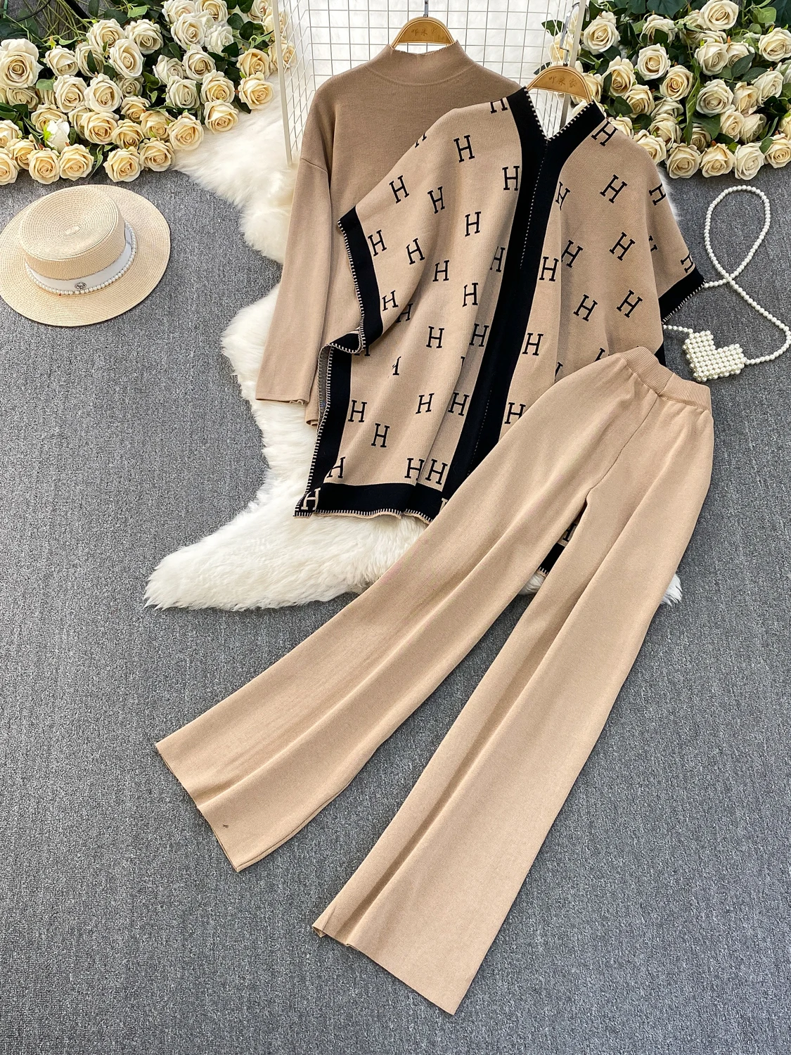 Faionable Knitted Tee-Piece Set Women's Loose Fit Autumn Winter Cardigan Embroidered Letter Sweatirt Wide Leg Pants image 4