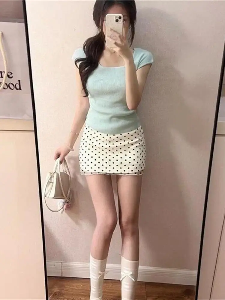 

Summer New Style Slim Fit Women's Casual Short Sleeve Knitted T-shirt And Polka Dot Half-length Skirt Two-piece Set