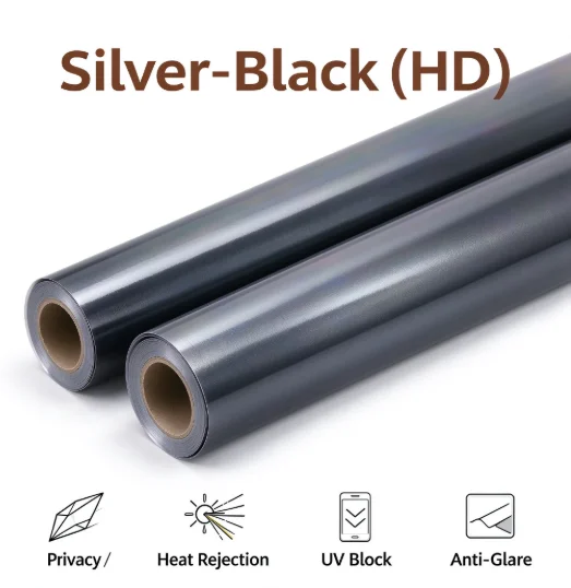 Silver Black HD Privacy Glass Tint Roll PET Material One Way Vision Anti UV Heat Blocking For Residential Office Vehicle Windows