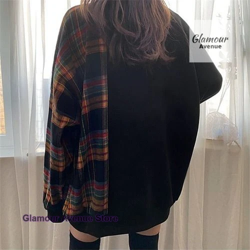 Korean style round neck plaid splicing letter printing pullover sweater women's spring and autumn loose fashion design top