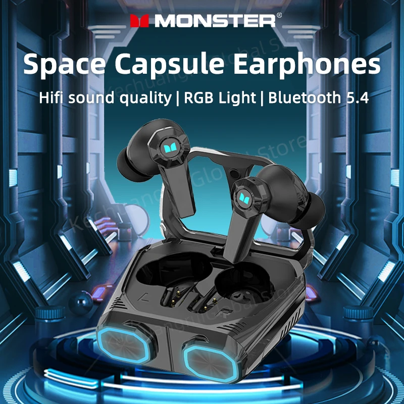 Monster XKT32 Wireless Bluetooth 5.4 Earphones TWS Gaming Earbuds Capsule LED RGB Flip Cover Design Hifi Headset Long standby