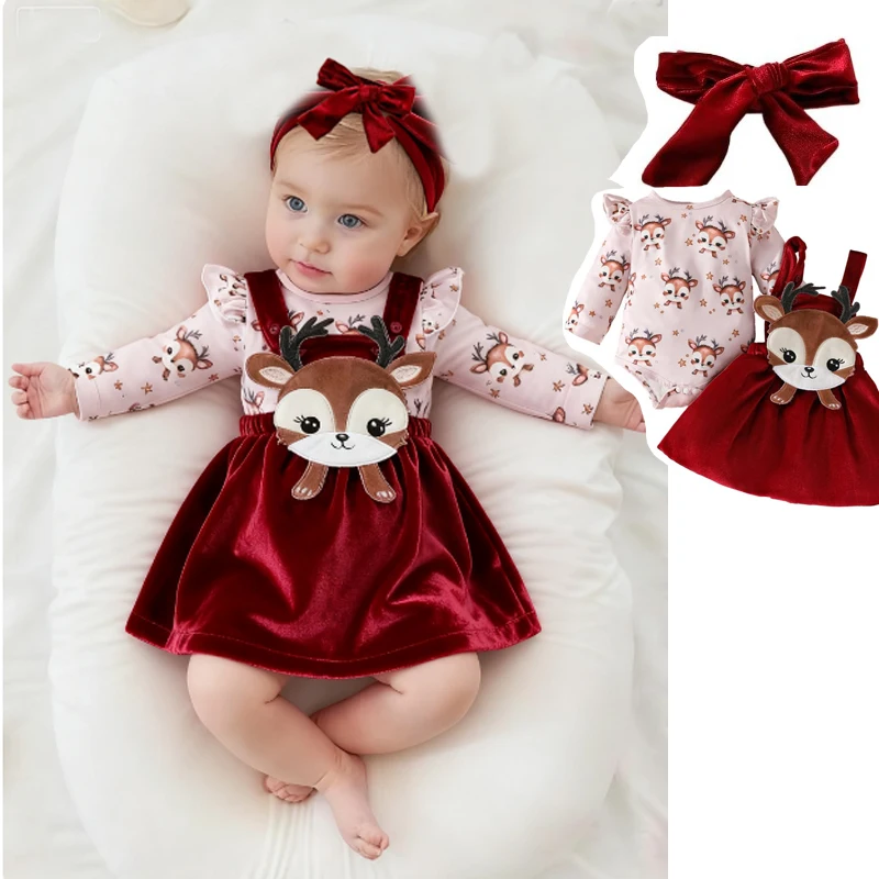 Conjunto de 3 uds de Navidad para niña recién nacida, pelele con mangas voladoras, vestido general, conjunto de falda de Otoño Invierno para niña, ropa para bebé