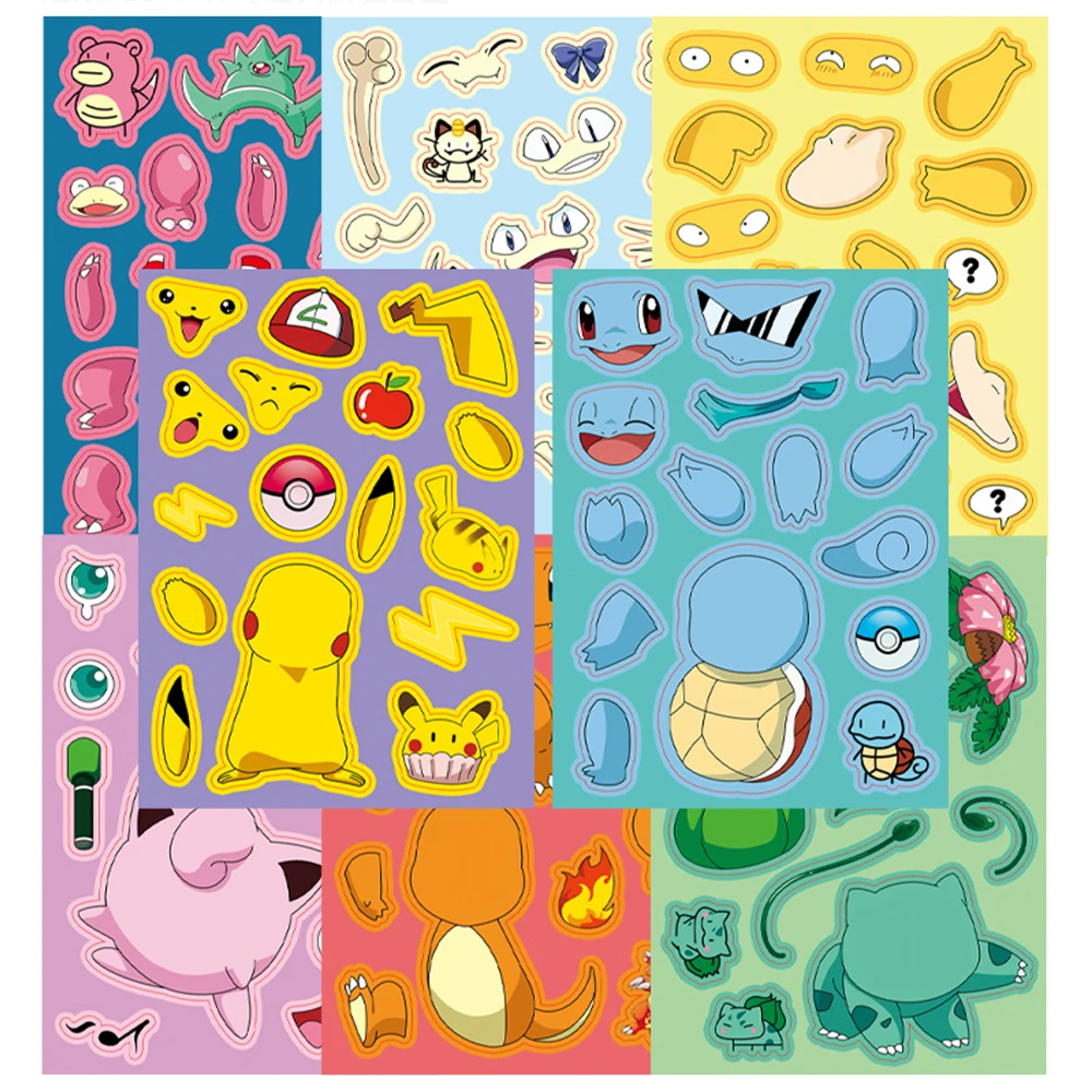 8/16Sheets Cute Pokemon Anime Puzzle Stickers DIY Make-a-Face Assemble Funny Cartoon Decal Jigsaw Fun for Children Kid Toy Gift