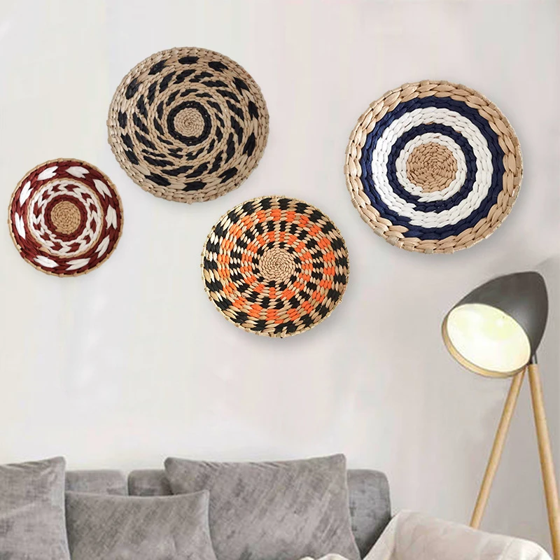 Nordic Rattan Grass Weaving Plate Wall Hanging Round Woven Cattail Straw Iron Frame Pendant Ornament Background Home Decoration