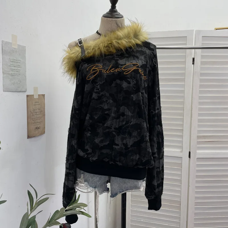 Retro Spice Girl Camouflage Ripped Old Top Sweatshirt Women's Removable Fluffy Slanted Shoulder Collar Sweater