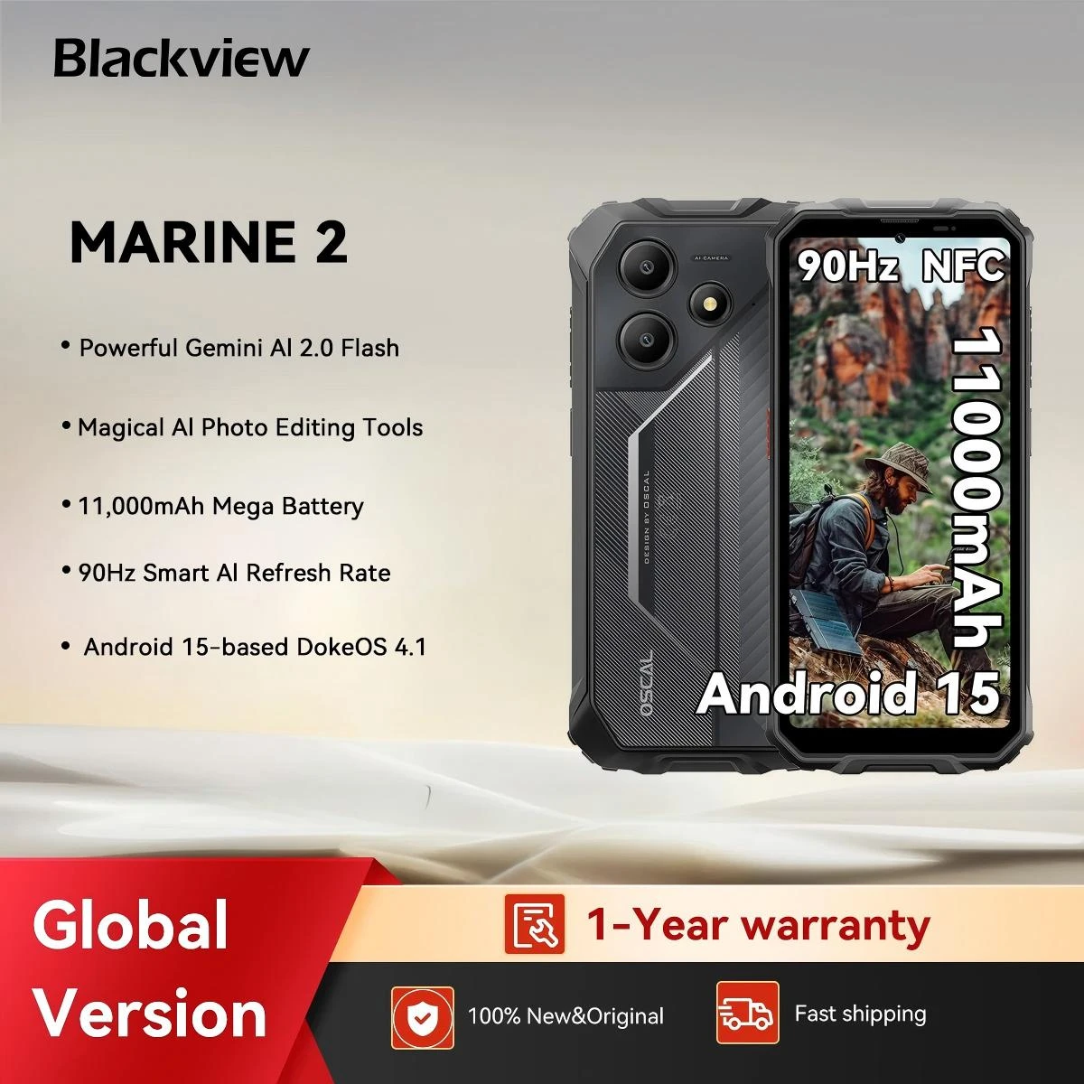Blackview OSCAL Marine 2 Rugged Phone 8GB RAM 256GB Smartphone AI 11000mAh Battery 6.56 '' HD+Display Unisoc T61 Android 15 NFC