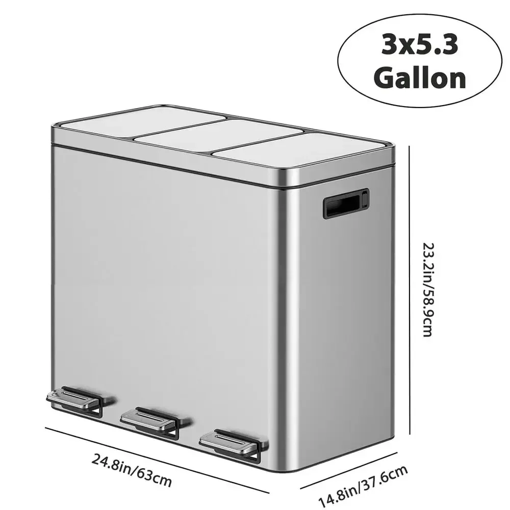 Triple-Compartment Stainless Steel Trash Can with Step-On Lid and Removable Inner Buckets for Kitchen and Home Office