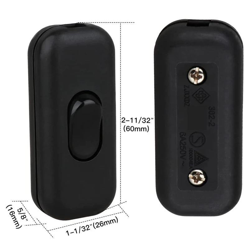 5ชิ้นสวิตช์แบบอินไลน์สวิตช์ทอร์ปิโด6แอมป์สวิทช์โคมไฟอินไลน์คันโยก AC 250V เปลี่ยนสวิตช์สายไฟอินไลน์