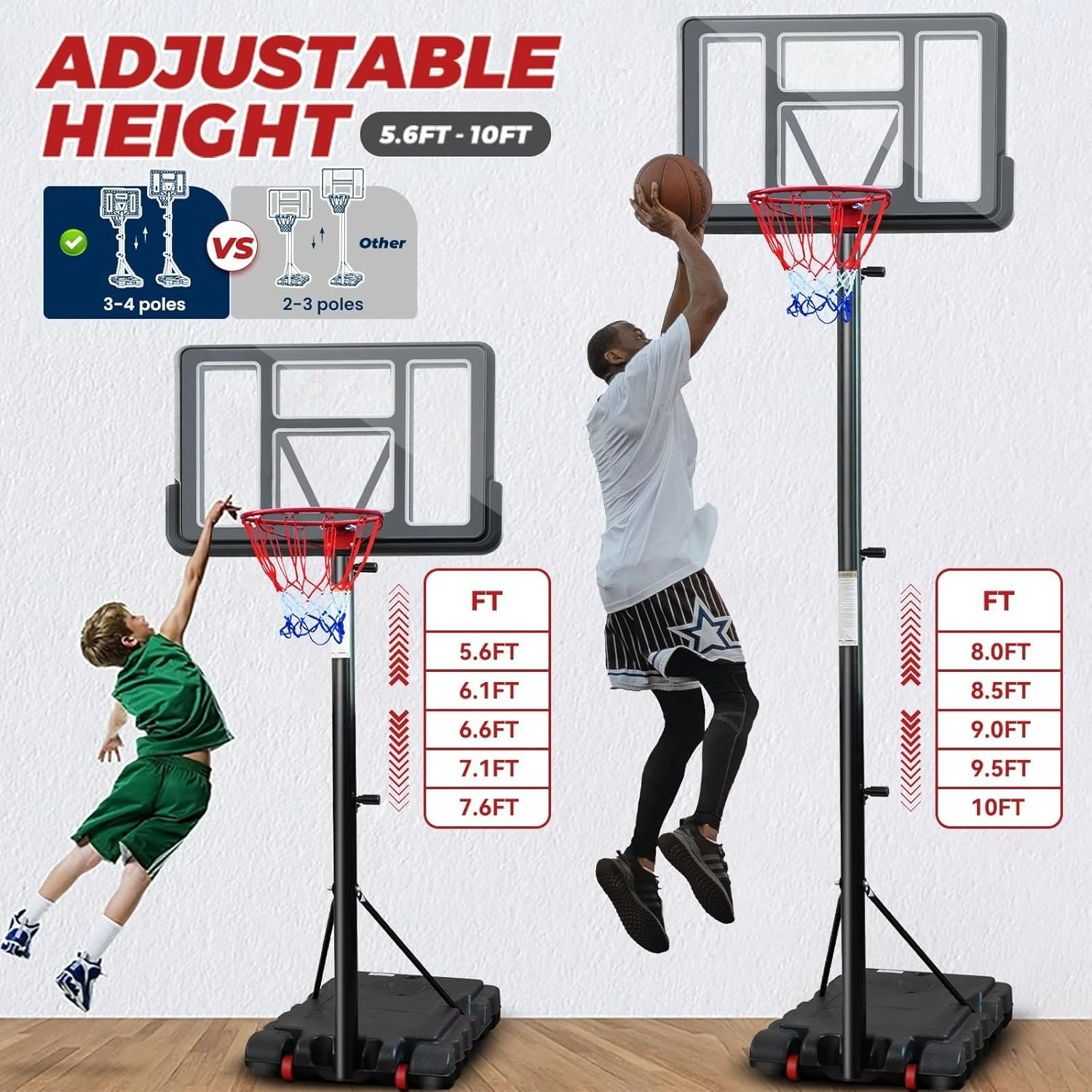 Portable Basketball Hoop, 5.6-10FT Adjustable Basketball Goal System, 44 Inch Outdoor Basketball Hoop & Goals