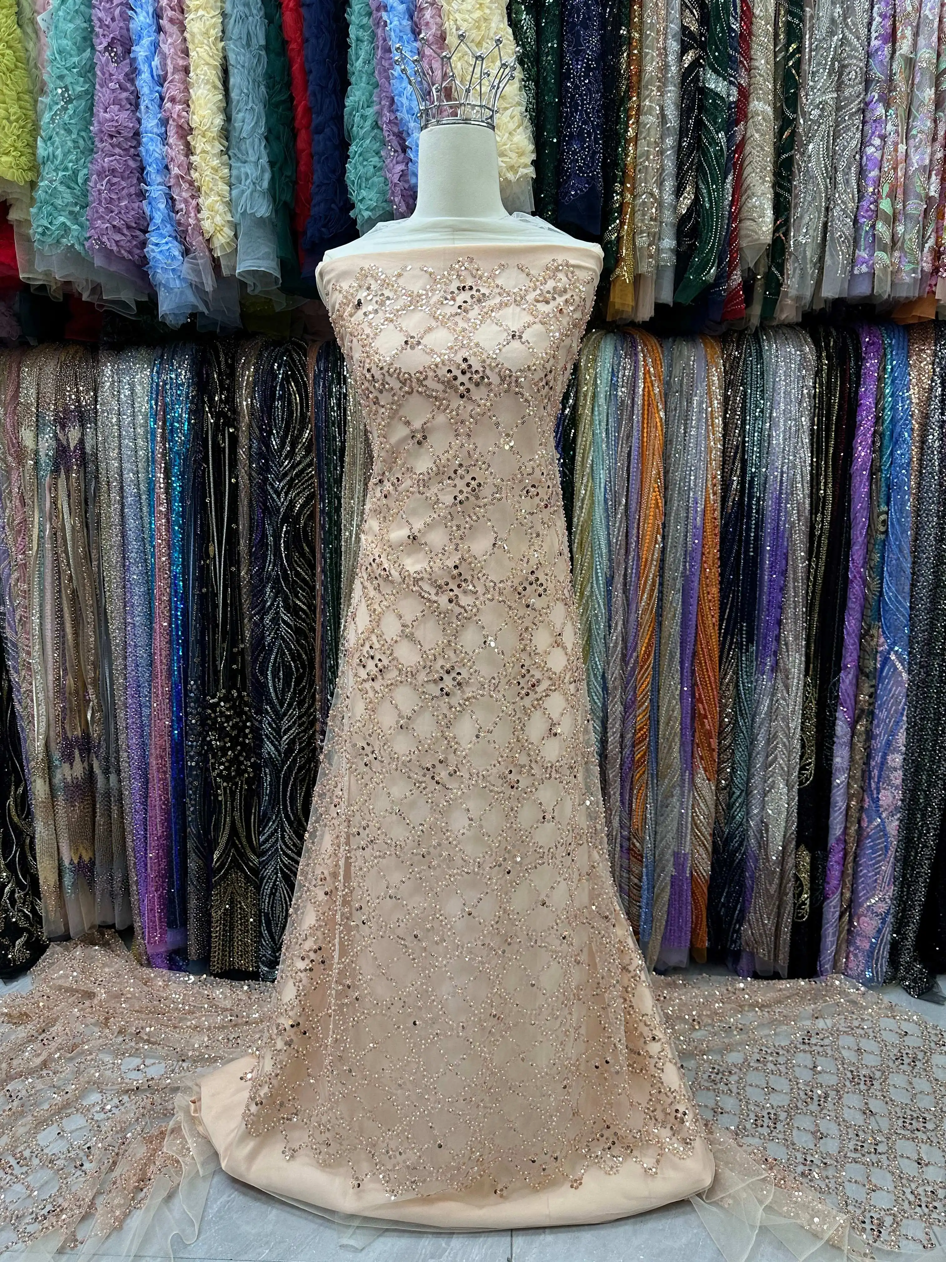 High-Quality French Nigerian 2026 African Pearl Lace Fabric Groom Sequin Lace Fabric Suitable for Wedding Party Dresses 2229