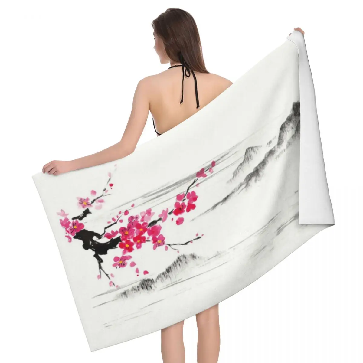 

Custom Sakura Tree Cherry Blossom Beach Towel Quick Drying Japanese Flower Super Soft Microfiber Pool Sauna Towels