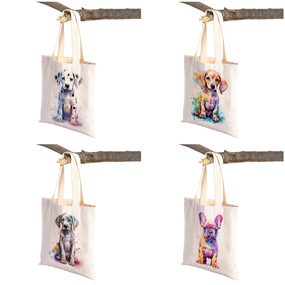 Cute Cartoon Pet Dog Women Shopping Bag Double Print Canvas Tote Handbag Reusable Animal Lady Shopper Eco Shoulder Shopper Bags