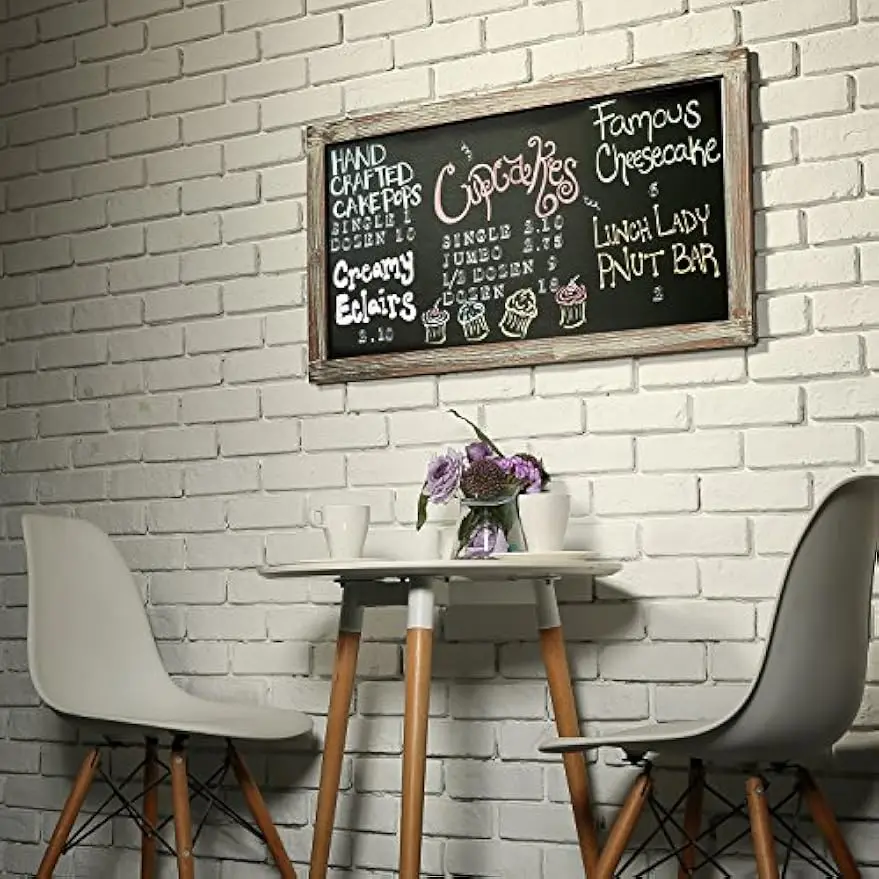 35-Inch Wall-Mounted Chalkboard Sign with Torched Wood Frame, Erasable Message Board for Vertical/Horizontal Hanging