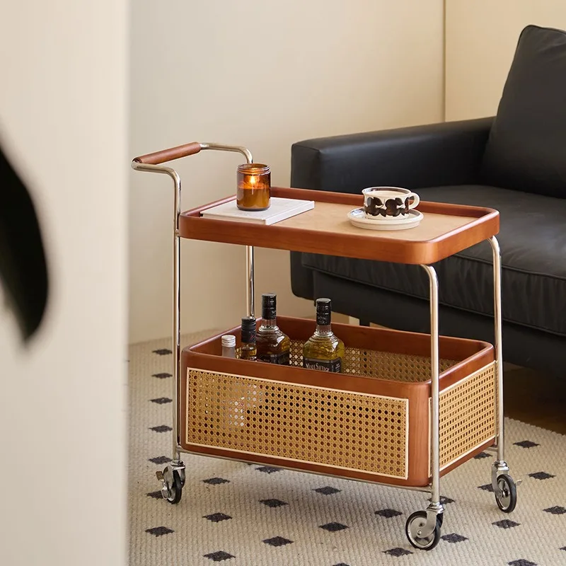 

Retro solid wood edge few stainless steel storage trolley living room sofa snack cabinet rattan storage rectangular edge few