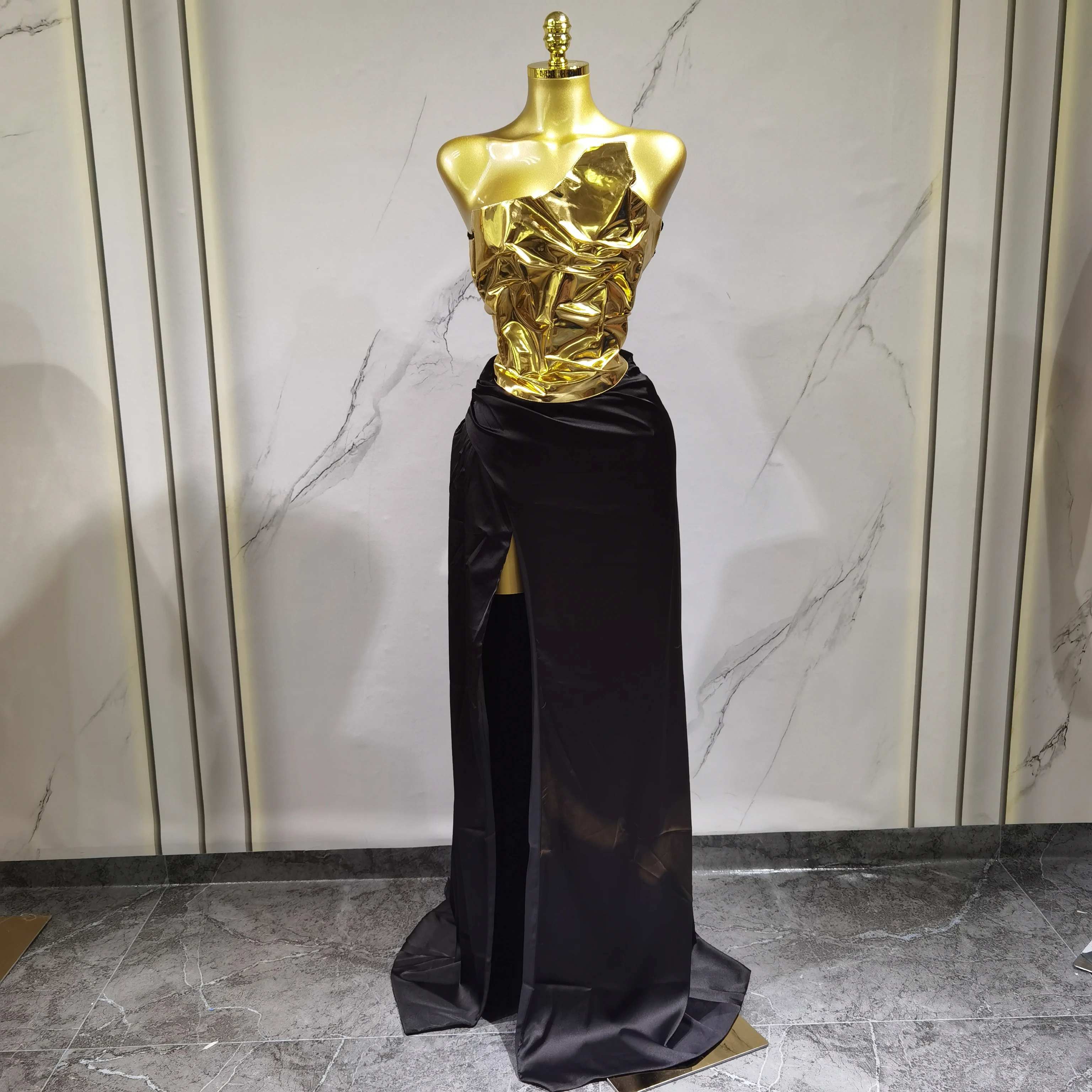 

2025 European and American new gold sequin strapless evening dress, sexy slit long, floor length, evening party dress