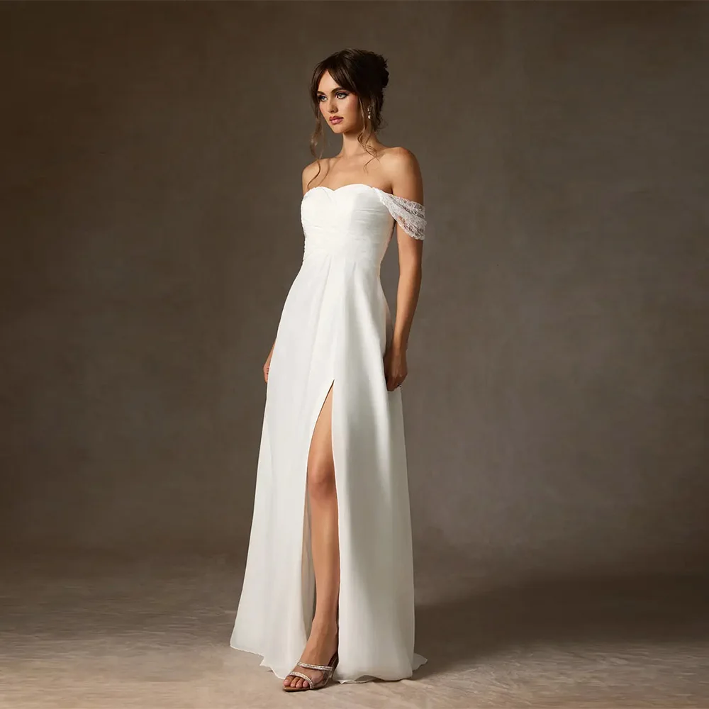 Customized Sweetheart Wedding Dresses A Line Soft Chiffon Lace Off The Shoulder Bridal Gown Side Split Floor Length Wedding Gown