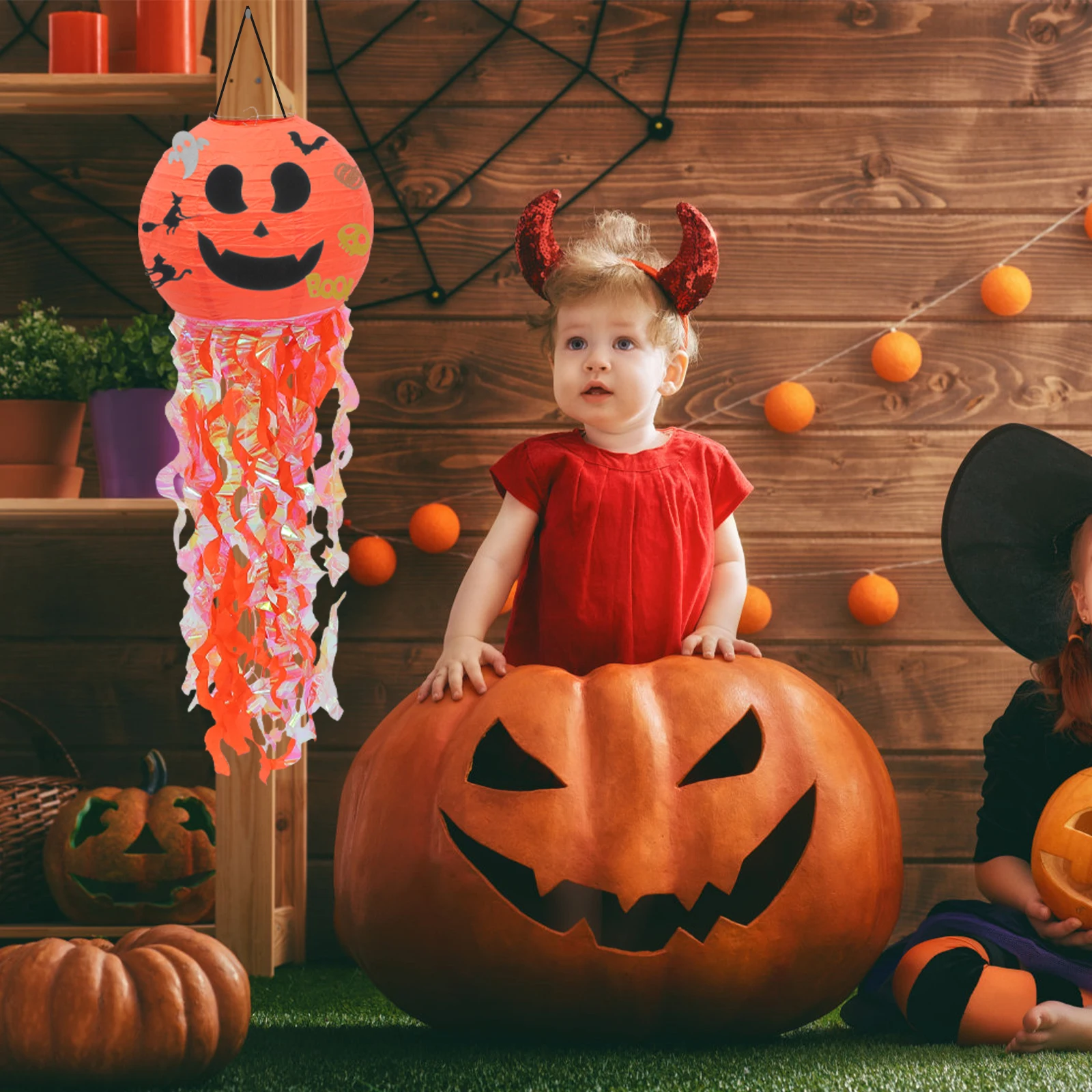

3 Pcs Halloween Pumpkin Paper Lanterns Decorative Hanging Party Supplies for Home School Cafe Cloth Material Safe Non