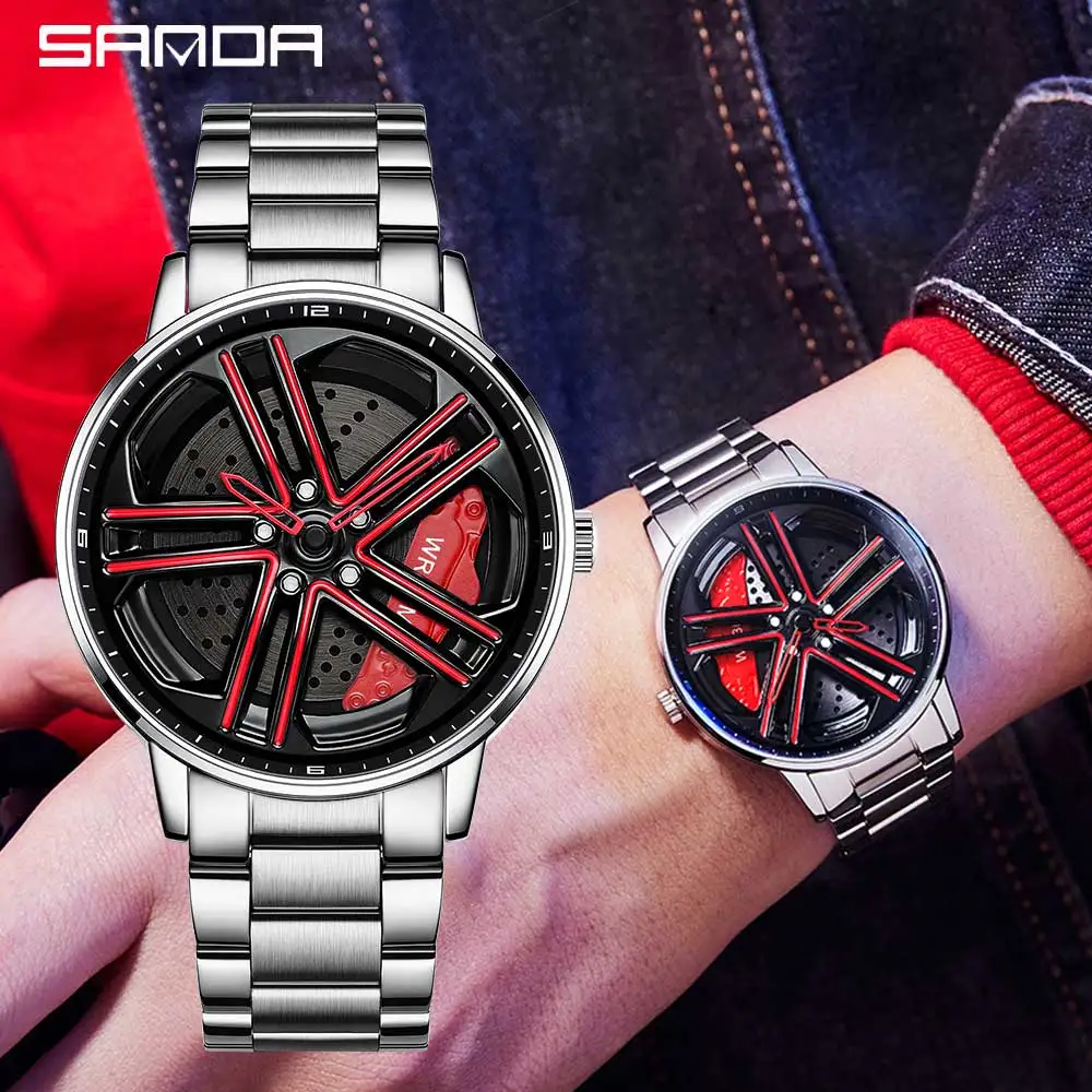 Fashion Mens Watches Top Luxury Quartz Watch Men Steel Waterproof 360 Rotating Car Wheel Dial Wristwatch For Men Sport Clock