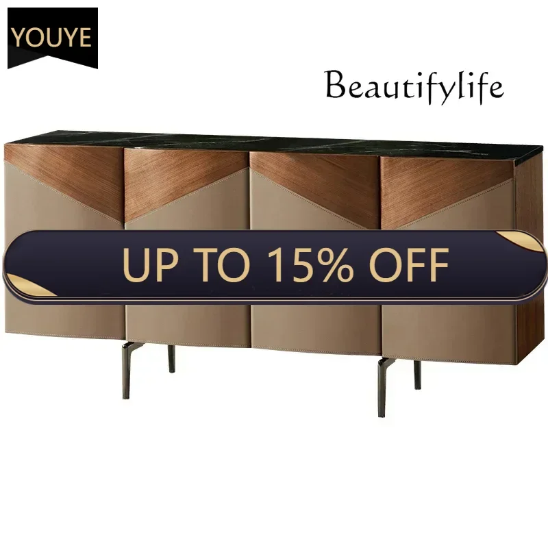 

Italian minimalist saddle leather dining side cabinet Italian high-end light luxury marble porch cabinet