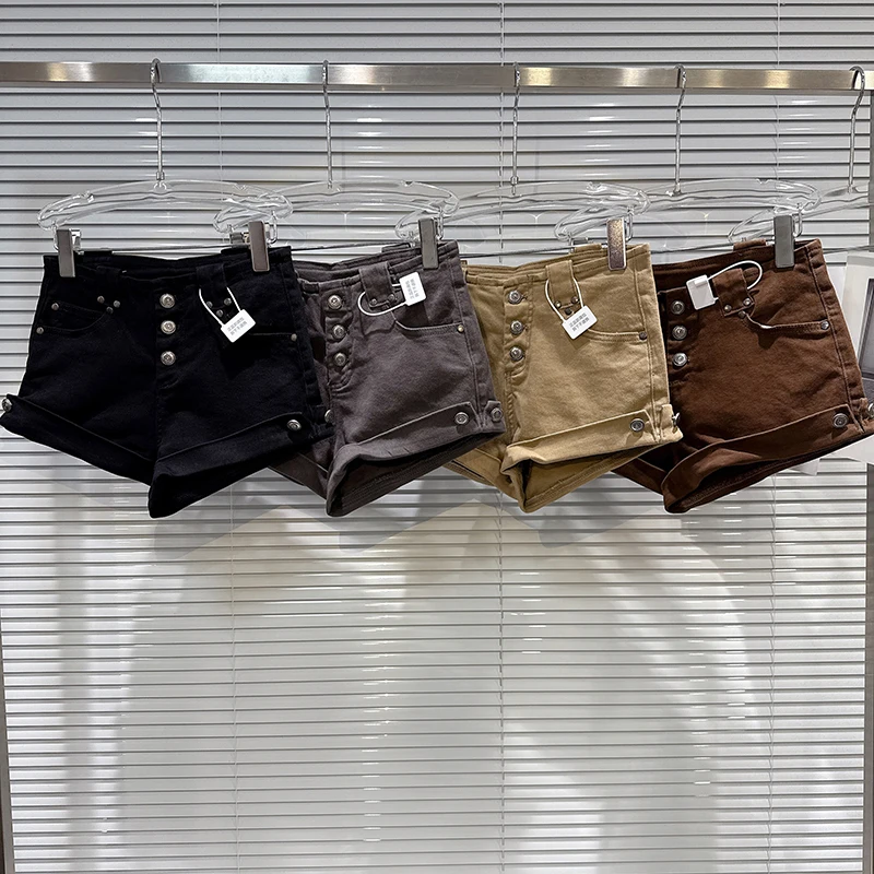 Fashion Spring Autumn Metal Buckle Flange Rivet Denim Shorts Female Solid Color High Waist Zipper Button Loose Shorts for Women