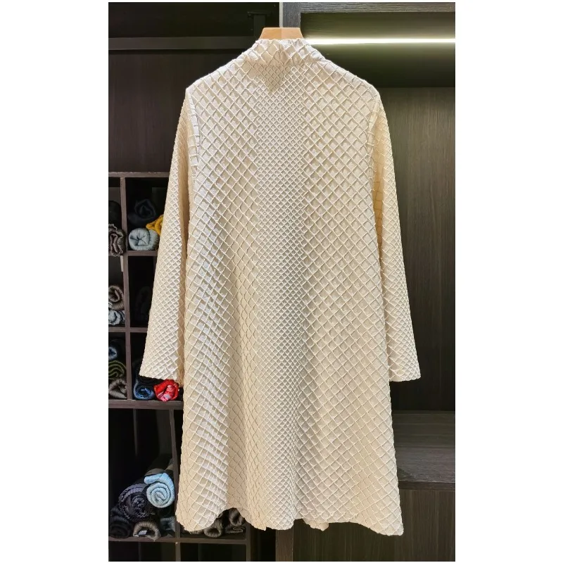 Miyake Pleated New Trench Jacket Women 2026 Summer Round Neck Loose One Button Versatile Casual Slim Diamond Pattern Cardigan