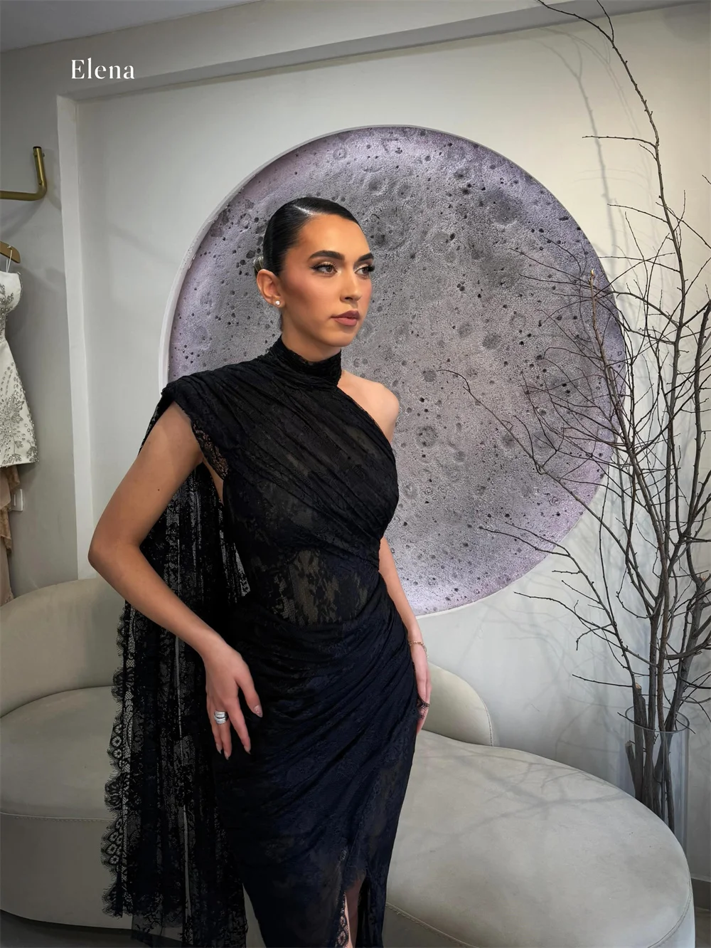 Elena Lace One-Shoulder Black Straight Elegant Evening Gown Luxury Formal Cape, High Slit Draped Customized Robes De Soirée