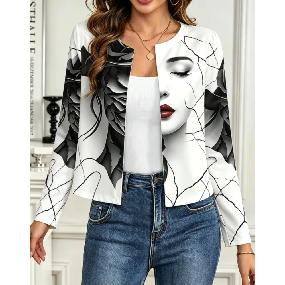 Fall New Printed Casual O Neck Long Sleeved Cardigan Women Short Fashion SIim Simple Elegant Suitable Office Blazer Female Coat 4