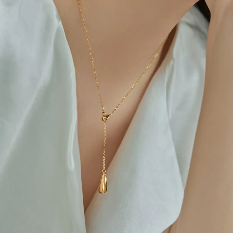 2022 18K Gold Plated Water Drop Tassel Necklace Women's Clavicle Chain Adjustable Length Never Fade Titanium Steel Necklace