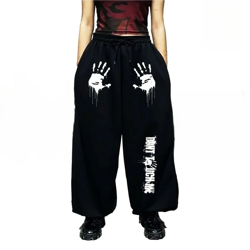 

Loose-fitting Sweatpants, Kangaroo Pocket, Don't Touch Me, Black Straight-Leg Pants Drawstring Waist Straight Leg Hip-Hop