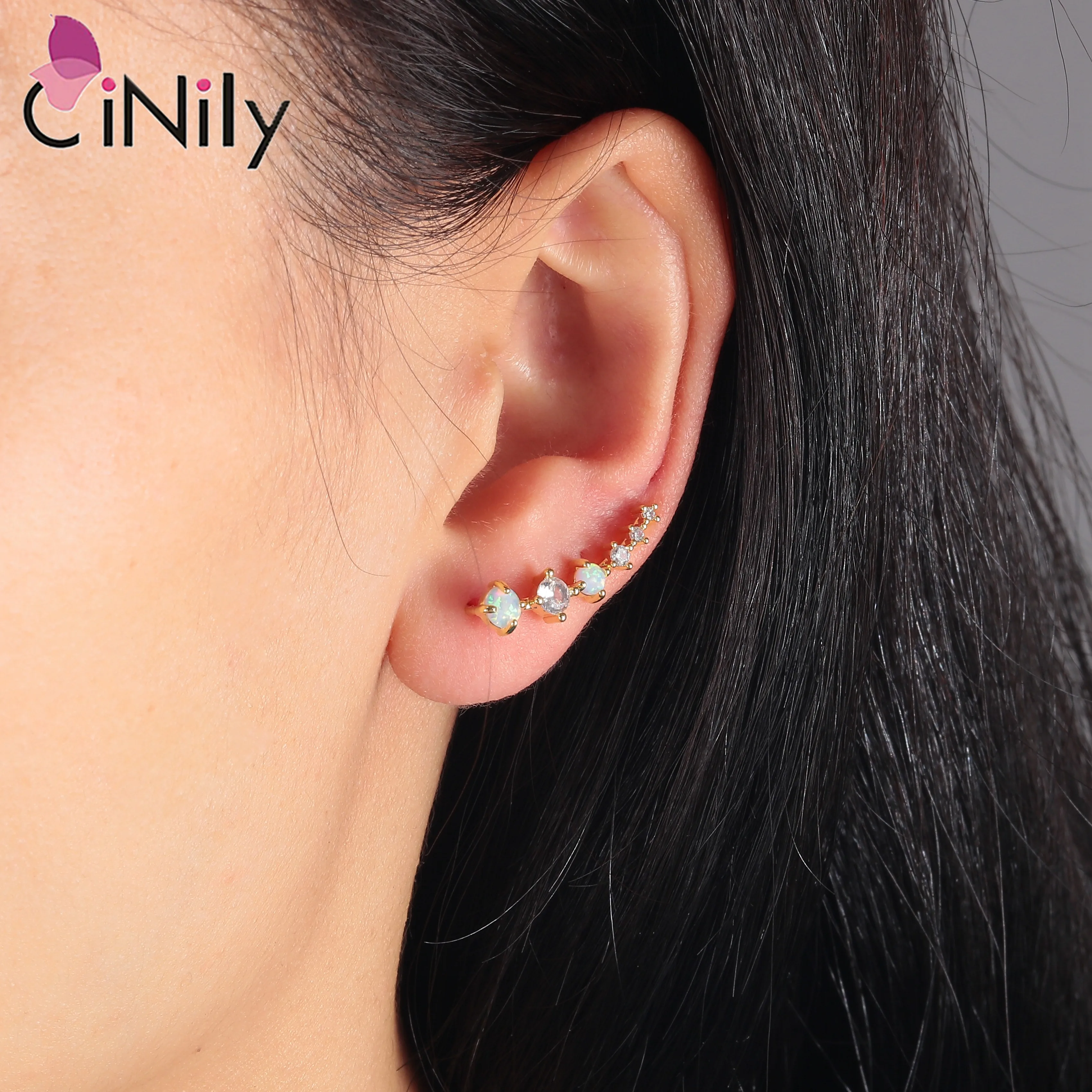 CiNily Multicolor Round Opal Ear Cuffs with Cubic Zirconia Silver Plated Ear Crawler Earrings for Women Fashion Jewelry Gifts
