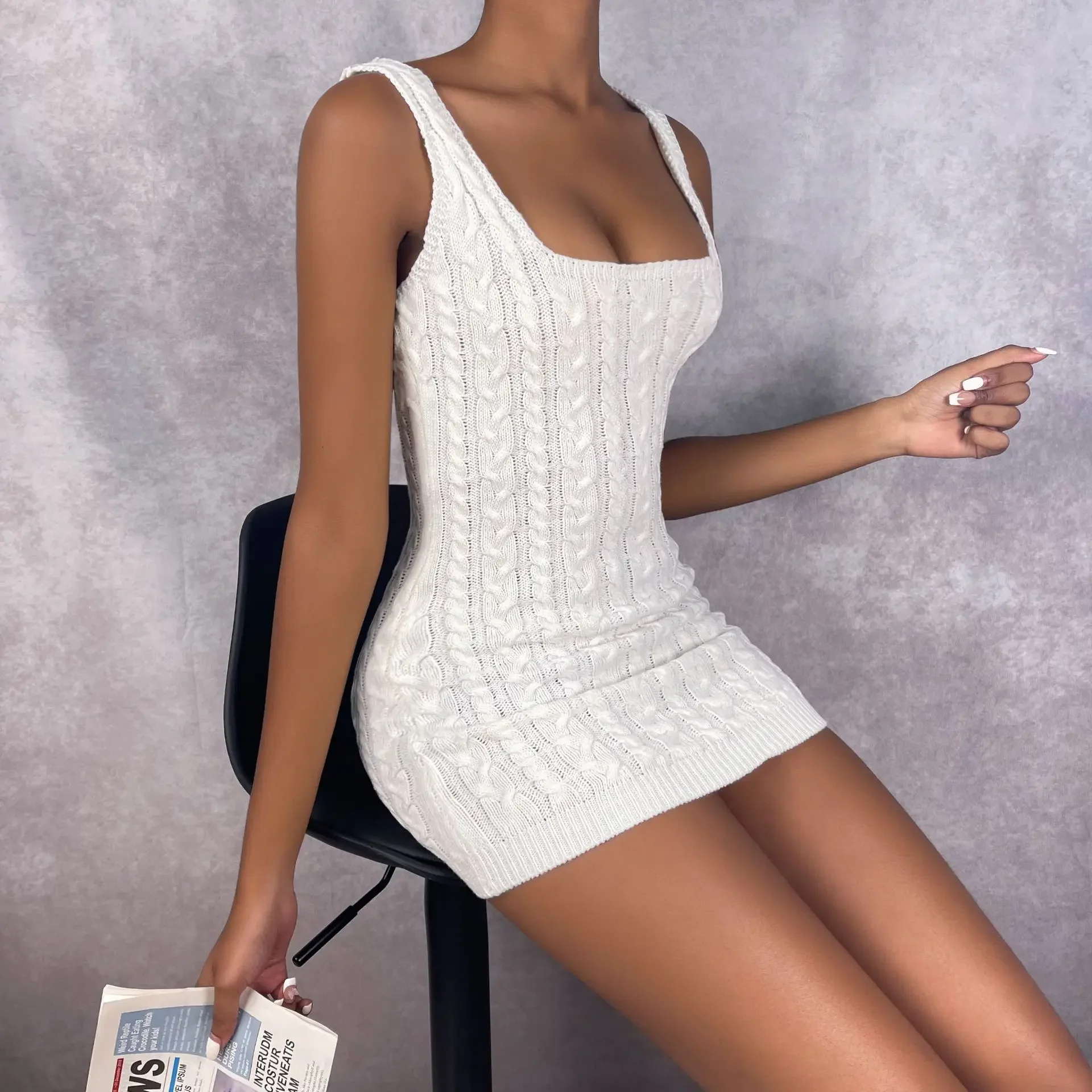 Stations Sexy Slim-fitting White Suspender Sweater Hip-wrapped Dress Cross-border Amazon Dress Knitted Base