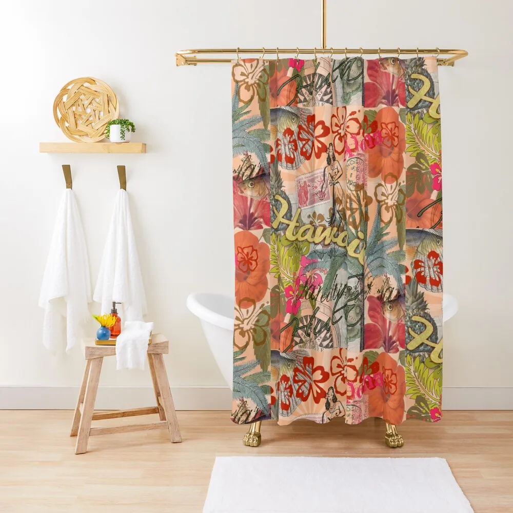 

Vintage Hawaii Travel Colorful Hawaiian Tropical Collage Shower Curtain Bathroom Shower Curtain