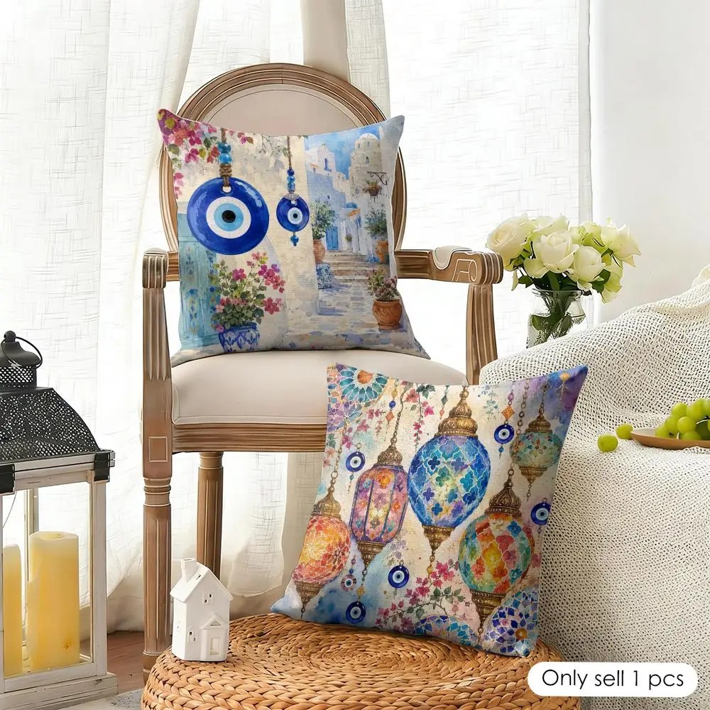Mediterranean Evil‑Eye Lamp Pattern Cushion Cover Vintage Turkey Art Square Throw Pillow Case Home Decoration