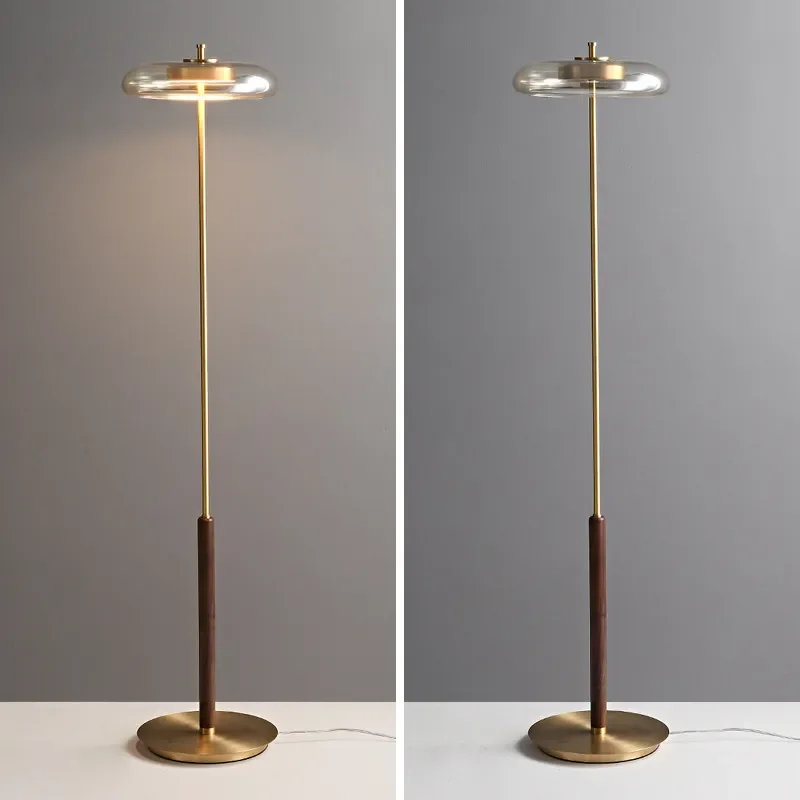 Nordic Brass Floor Lamp Walnut Wood Base Modern Luxury Standing Light Creative Designer Decor for Living Room Bedroom Study