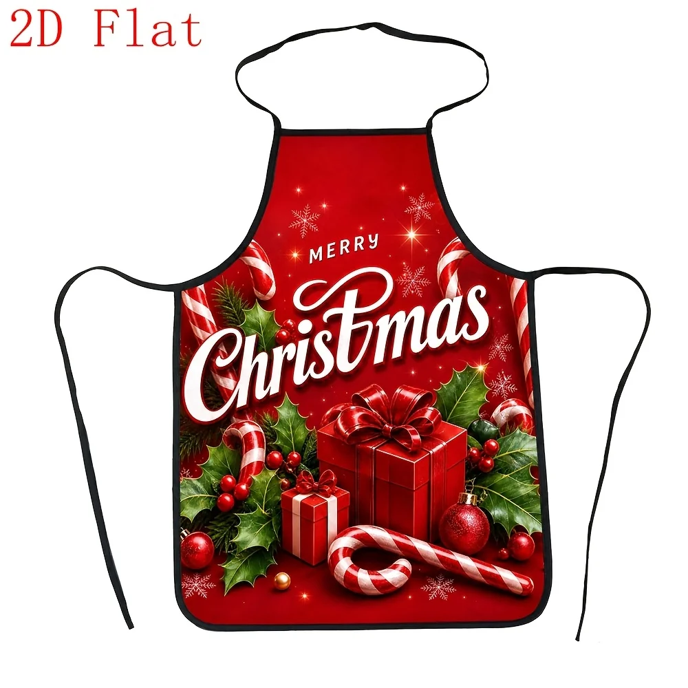 2D Flat 1pc Red Merry Christmas Apron, Red Striped Candy Cane Holly Berries Gift Box Bells Winter Cooking Baking Chef Apron For
