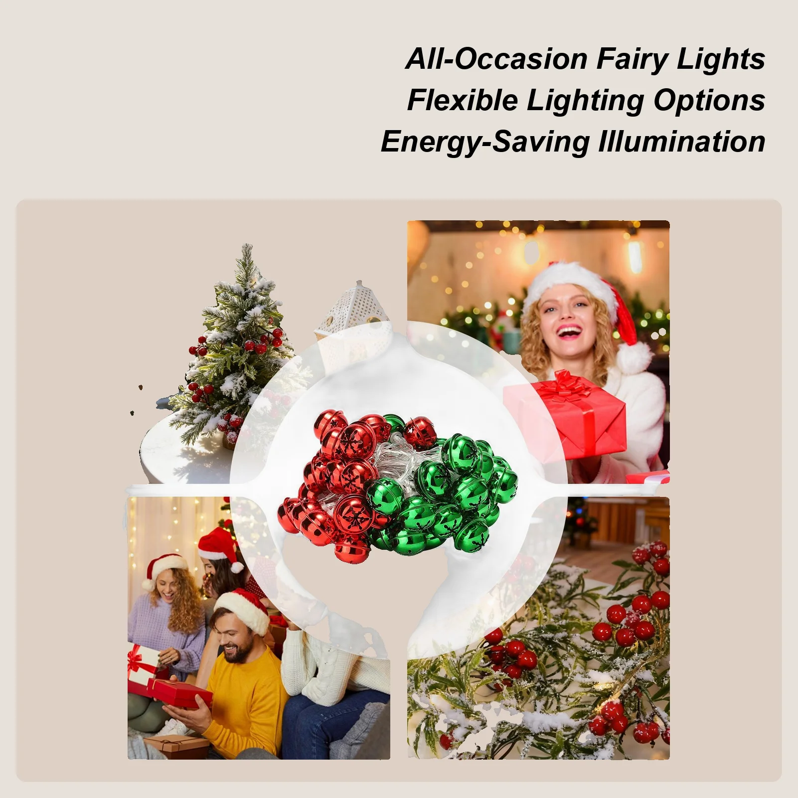 Guirnalda de luces LED impermeables, decoraciones navideñas flexibles, luces de cadena de campana para chimenea interior para centro de mesa