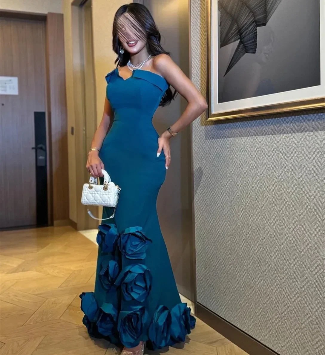 Blue Prom Dress for Women Elegant Crepe Evening Dresses with Flowers Mermaid Saudi Arabia Wedding Party Dress Vestidos de noche