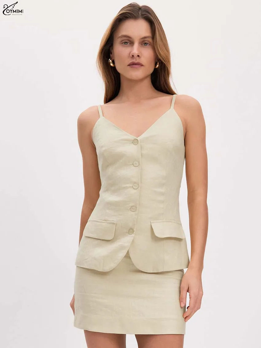 

Oymimi Fashion Beige Cotton 2 Piece Sets Woman Outfits Elegant Spaghetti Strap Single Breasted Pockets Shirts + Slim Skirts Sets